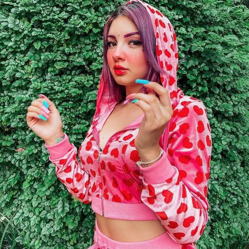 Velvet heart print cropped bomber jacket pink by Stevvex with long sleeves and zip for women on Tampa Home & Garden Store