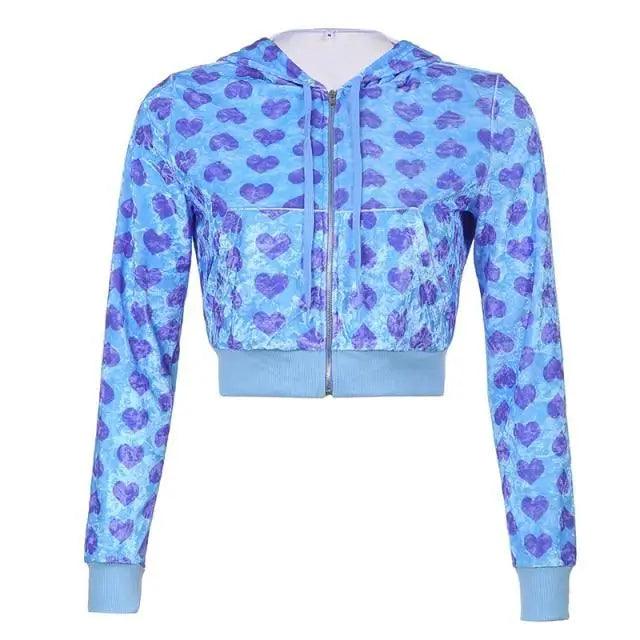Stevvex cropped bomber jacket with blue velvet heart print, zip front, ribbed cuffs on Tampa Home & Garden Store