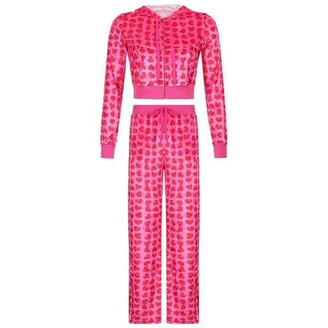 Velvet heart-print cropped bomber jacket and pink pants set, long sleeves by Stevvex on Tampa Home & Garden Store