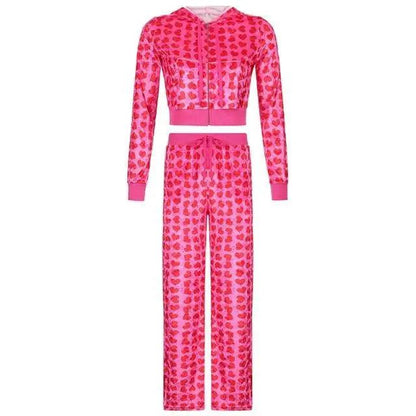 Velvet heart-print cropped bomber jacket and pink pants set, long sleeves by Stevvex on Tampa Home & Garden Store