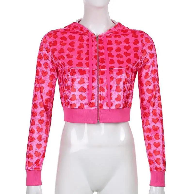 Stevvex velvet heart print cropped bomber jacket pink with zip front and ribbed cuffs on Tampa Home & Garden Store