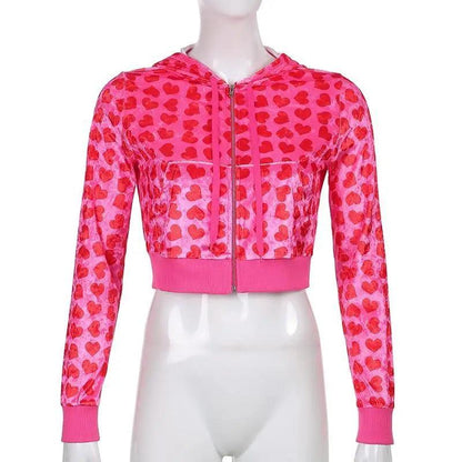 Stevvex velvet heart print cropped bomber jacket pink with zip front and ribbed cuffs on Tampa Home & Garden Store
