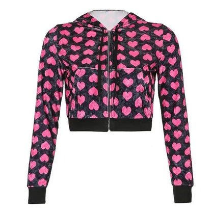 Velvet heart print cropped bomber jacket for women, pink hearts on black zip front Stevvex on Tampa Home & Garden Store