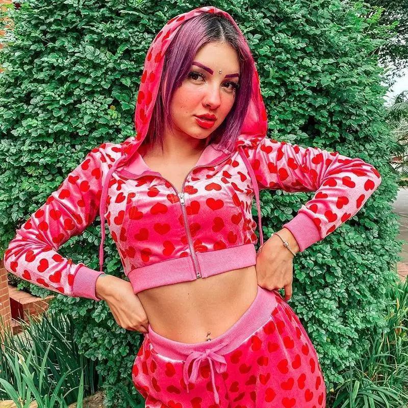 Stevvex pink velvet heart-print cropped bomber jacket with hood and zipper on Tampa Home & Garden Store