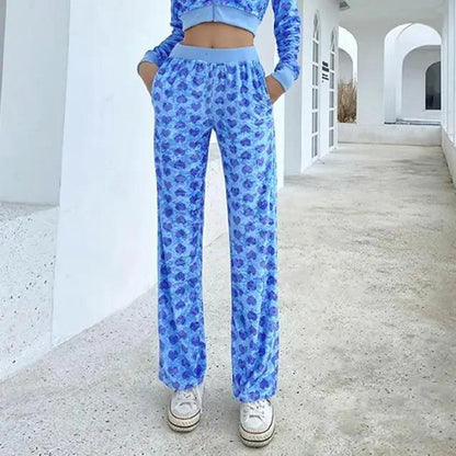 Stevvex velvet heart print cropped bomber jacket blue long sleeve set with pants on model on Tampa Home & Garden Store