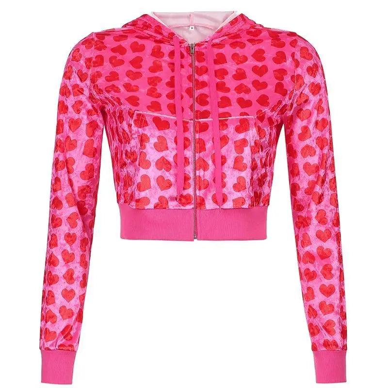 Stevvex velvet heart print cropped bomber jacket pink with zip front and ribbed hem on Tampa Home & Garden Store