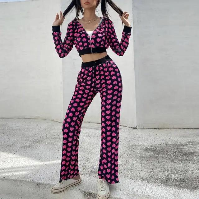 Stevvex heart-print cropped bomber jacket with pink heart pants for women on Tampa Home & Garden Store
