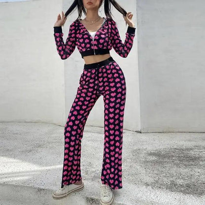 Stevvex heart-print cropped bomber jacket with pink heart pants for women on Tampa Home & Garden Store