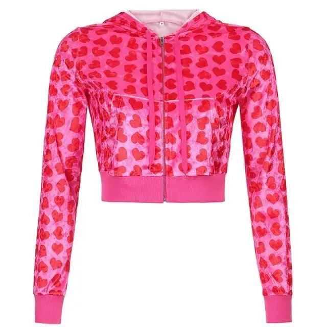 Stevvex velvet heart-print cropped bomber jacket in pink with zipper, long sleeves on Tampa Home & Garden Store