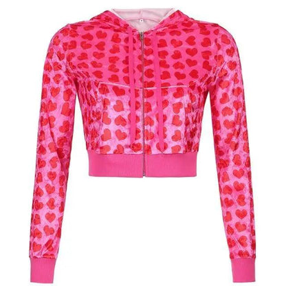 Stevvex velvet heart-print cropped bomber jacket in pink with zipper, long sleeves on Tampa Home & Garden Store