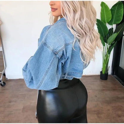 Unique Design women's denim cropped trucker jacket in light wash denim by Stevvex on Tampa Home & Garden Store