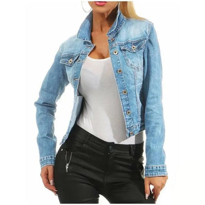 Stevvex women's light wash cropped denim trucker jacket with front pockets and metal buttons on Tampa Home & Garden Store