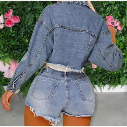 Stevvex women's cropped denim trucker jacket in blue with pockets shown with denim shorts on Tampa Home & Garden Store