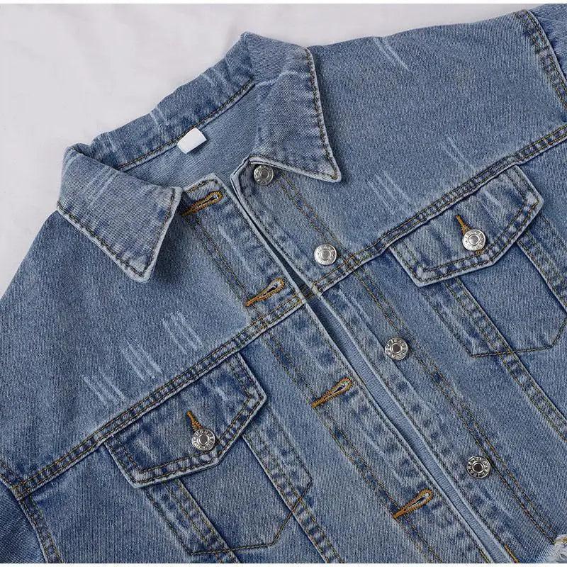 Stevvex denim cropped trucker jacket with front pockets and metal buttons in blue wash on Tampa Home & Garden Store
