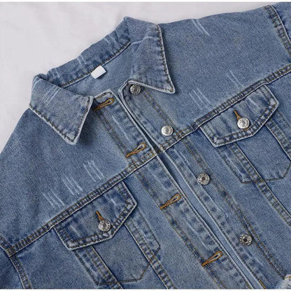Stevvex denim cropped trucker jacket with front pockets and metal buttons in blue wash on Tampa Home & Garden Store