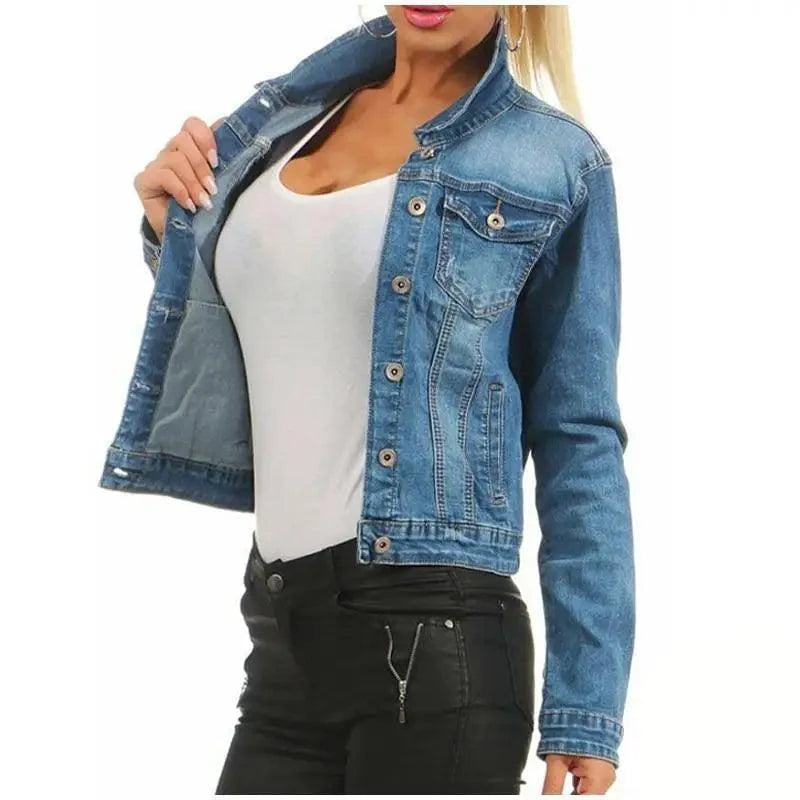 Women's denim cropped trucker jacket in light blue with button front and chest pockets on Tampa Home & Garden Store