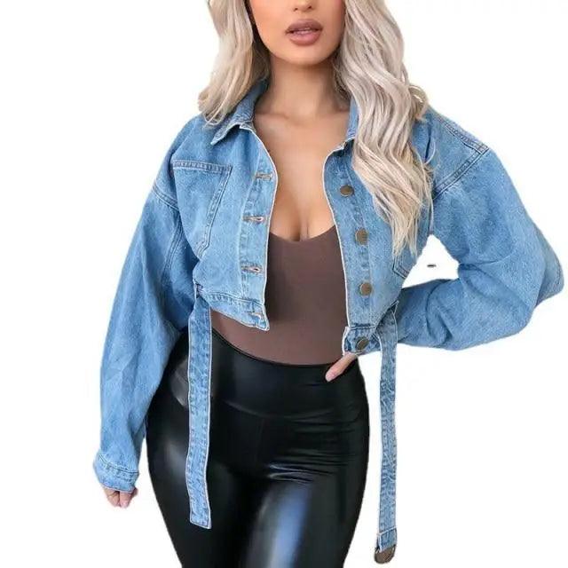Stevvex cropped denim trucker jacket, light blue, front pockets, button front on Tampa Home & Garden Store
