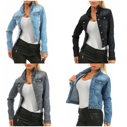 Stevvex denim cropped trucker jacket, 4 colorways shown with front pockets and button closure on Tampa Home & Garden Store