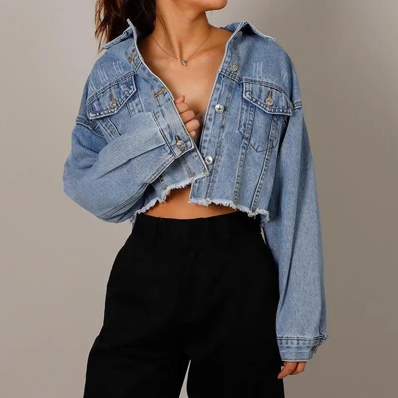 Unique Design women's denim cropped jacket blue denim with pockets, frayed hem, button front on Tampa Home & Garden Store