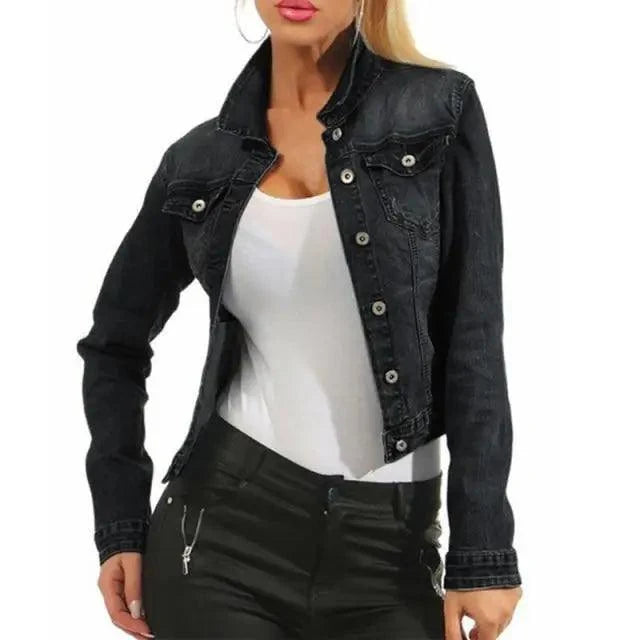 Stevvex black cropped denim trucker jacket with button front and chest pockets on Tampa Home & Garden Store