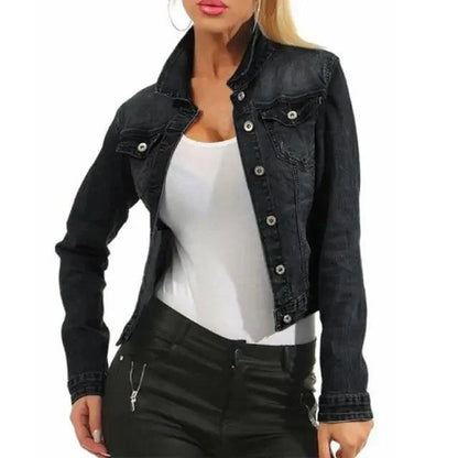 Stevvex black cropped denim trucker jacket with button front and chest pockets on Tampa Home & Garden Store