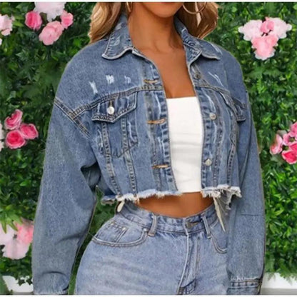 Cropped women's denim trucker jacket Stevvex blue wash with front pockets and frayed hem on Tampa Home & Garden Store