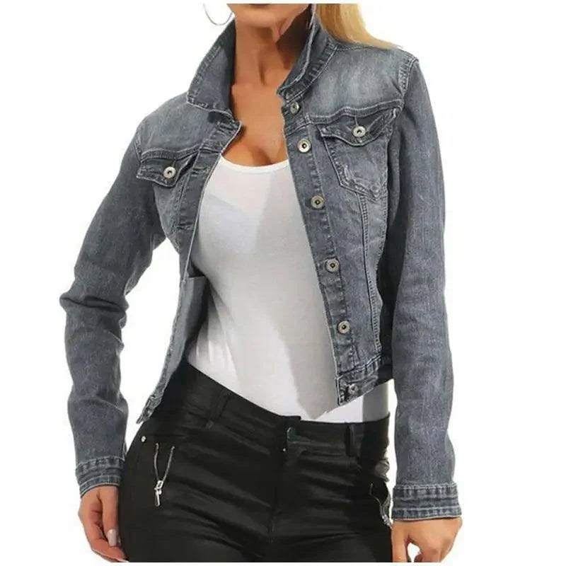 Stevvex women's denim cropped trucker jacket gray wash with front pockets and button closure on Tampa Home & Garden Store