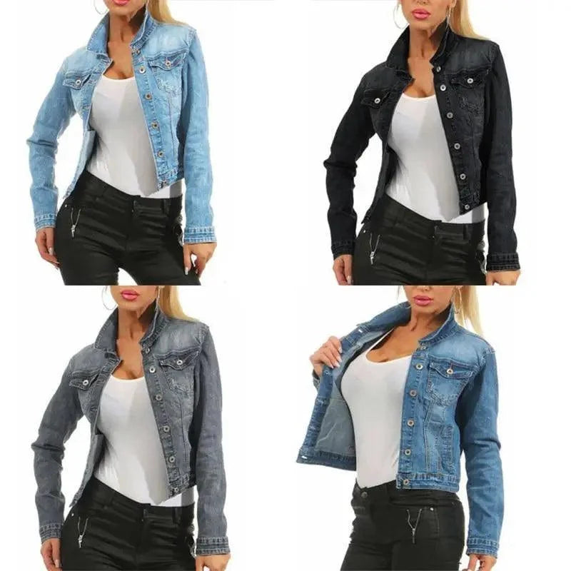 Unique Design women's cropped denim jacket with pockets, four color options, button front on Tampa Home & Garden Store