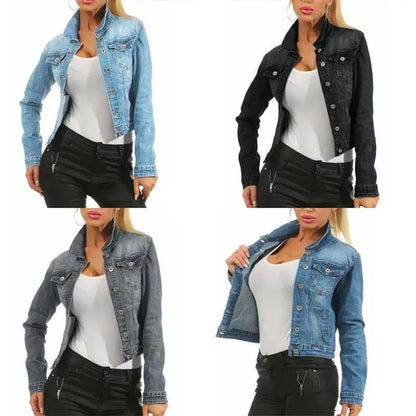 Unique Design women's cropped denim jacket with pockets, four color options, button front on Tampa Home & Garden Store
