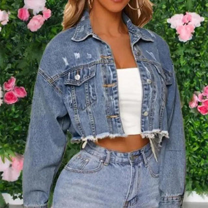 Stevvex women's cropped denim jacket, blue trucker with pockets and frayed hem on Tampa Home & Garden Store