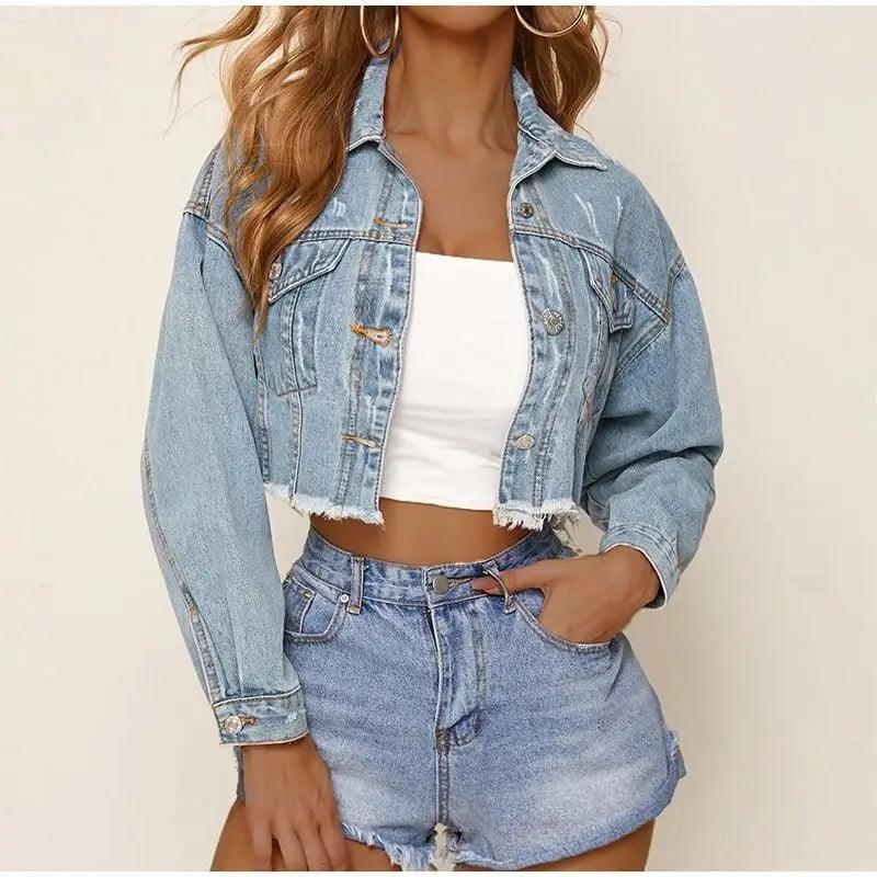 Unique Design Women's Denim Cropped Jacket Stevvex light wash with pockets and frayed hem on Tampa Home & Garden Store