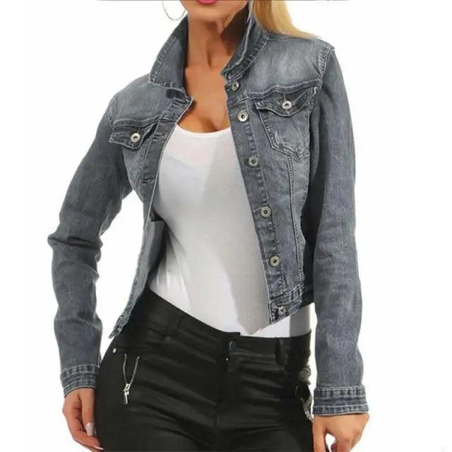 Women's denim cropped trucker jacket by Stevvex with front pockets, light wash grey on Tampa Home & Garden Store