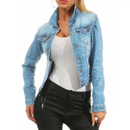 Women's denim cropped jacket by Stevvex with chest pockets, light wash blue, button front on Tampa Home & Garden Store