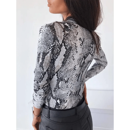 Stevvex snakeskin leopard print blouse, long sleeve, V-neck, button-down, slim fit on Tampa Home & Garden Store