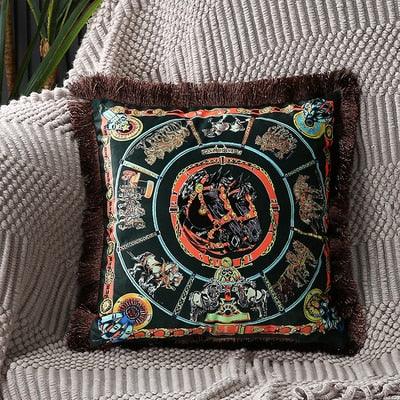 Stevvex throw pillow cover with horse-printed circular mandala on black polyester, tassel edge on Tampa Home & Garden Store