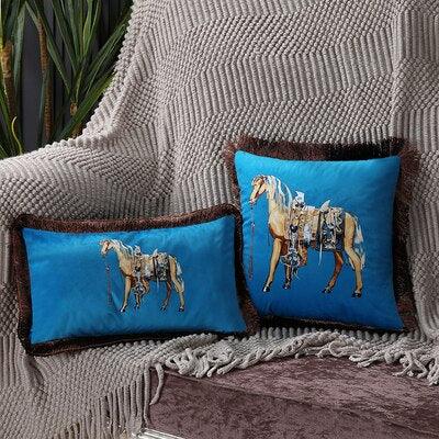 Throw pillow covers Stevvex in blue with horse-printed design and tassel edge 2-pc set on Tampa Home & Garden Store