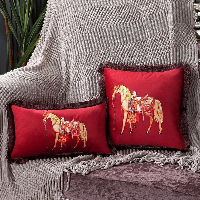 Cushion covers Stevvex red horse print with tassel edge, polyester set of 2 for sofa on Tampa Home & Garden Store