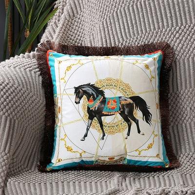 Horse-printed Stevvex polyester cushion cover with turquoise border and tassel edge on Tampa Home & Garden Store
