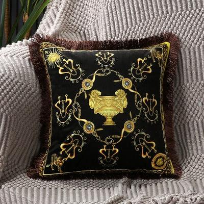 Decorative throw pillow cover Stevvex black with gold baroque pattern and brown tassel edge on Tampa Home & Garden Store