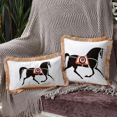 Throw pillow covers set of 2 with white horse print and tan tassel edges polyester on Tampa Home & Garden Store