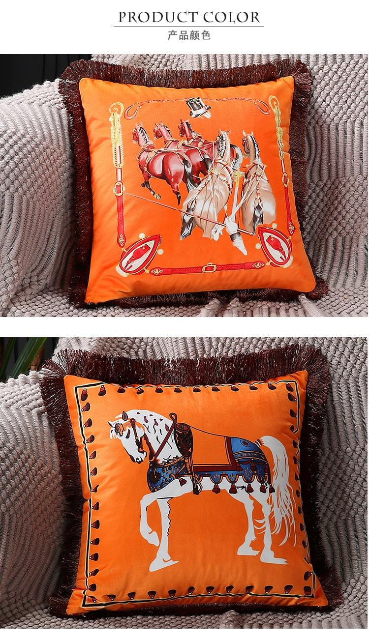 Stevvex orange polyester cushion cover with horse print and tassel fringe decorative pillow on Tampa Home & Garden Store