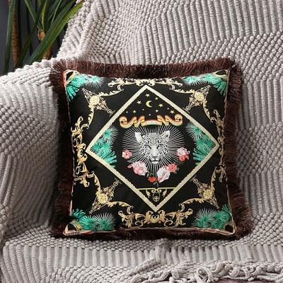 Stevvex throw pillow cover, black polyester cushion with gold frame and tassel edge on Tampa Home & Garden Store
