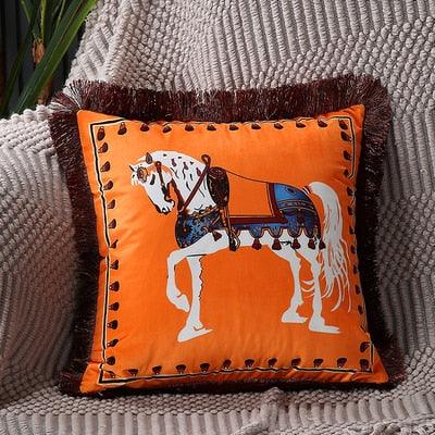 Cushion cover Stevvex orange horse-printed polyester with tassel edge, throw pillow on Tampa Home & Garden Store