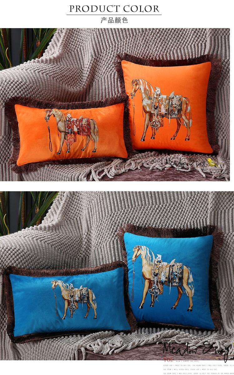 Stevvex horse-printed polyester cushion covers orange set with dark brown tassel edge, 2 lumbar pillows on Tampa Home & Garden Store
Stevvex horse-printed polyester cushion covers blue set with dark brown tassel edge, 2 lumbar pillows on Tampa Home & Garden Store