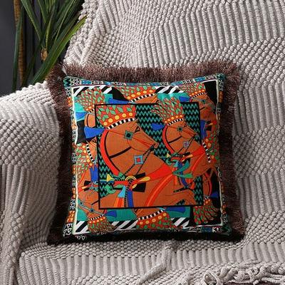 Stevvex horse print polyester cushion cover, tassel-edge, square decorative throw pillow on Tampa Home & Garden Store