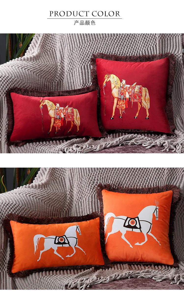 Stevvex cushion covers set of 4, horse motif, red/orange polyester, tassel fringe decorative pillows on Tampa Home & Garden Store