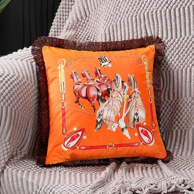 Throw pillow cover orange horse-print polyester square cushion with tassel edge Stevvex on Tampa Home & Garden Store