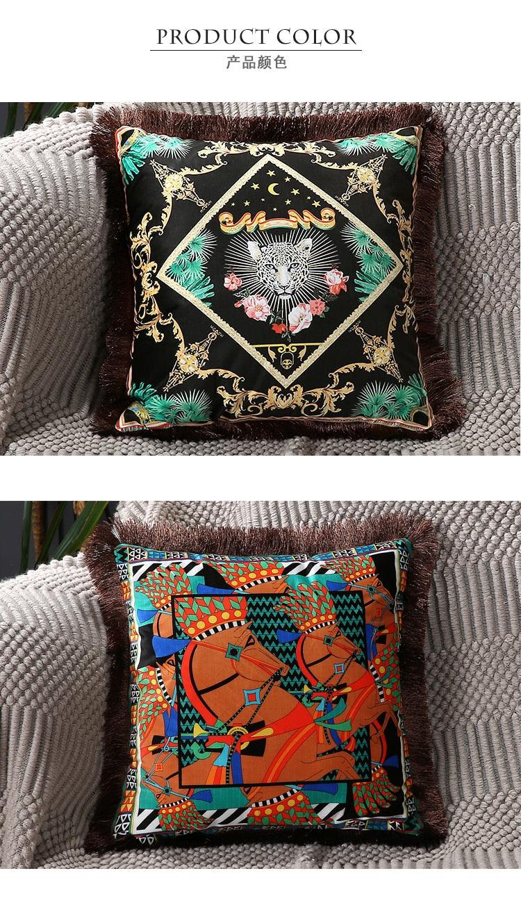 Stevvex cushion cover black with ornate gold diamond frame lion motif tassel edge on Tampa Home & Garden Store
Stevvex cushion cover vibrant geometric horse print polyester tassel edge on Tampa Home & Garden Store