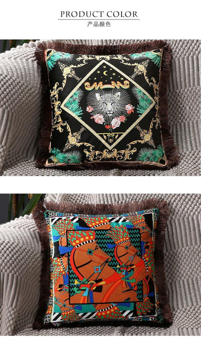 Stevvex cushion cover black with ornate gold diamond frame lion motif tassel edge on Tampa Home & Garden Store
Stevvex cushion cover vibrant geometric horse print polyester tassel edge on Tampa Home & Garden Store
