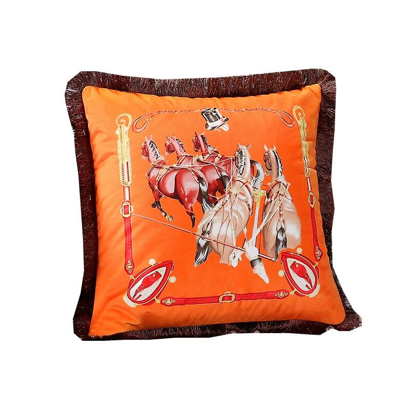 Throw pillow cover Stevvex orange horse print with tassel edge, square cushion cover on Tampa Home & Garden Store